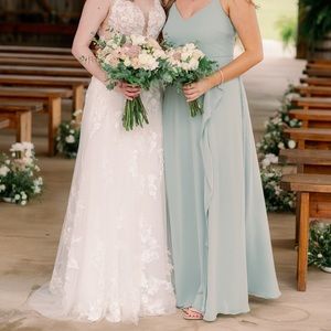 Birdy Grey bridesmaid dress “Theresa” sage green chiffon with slit, size medium